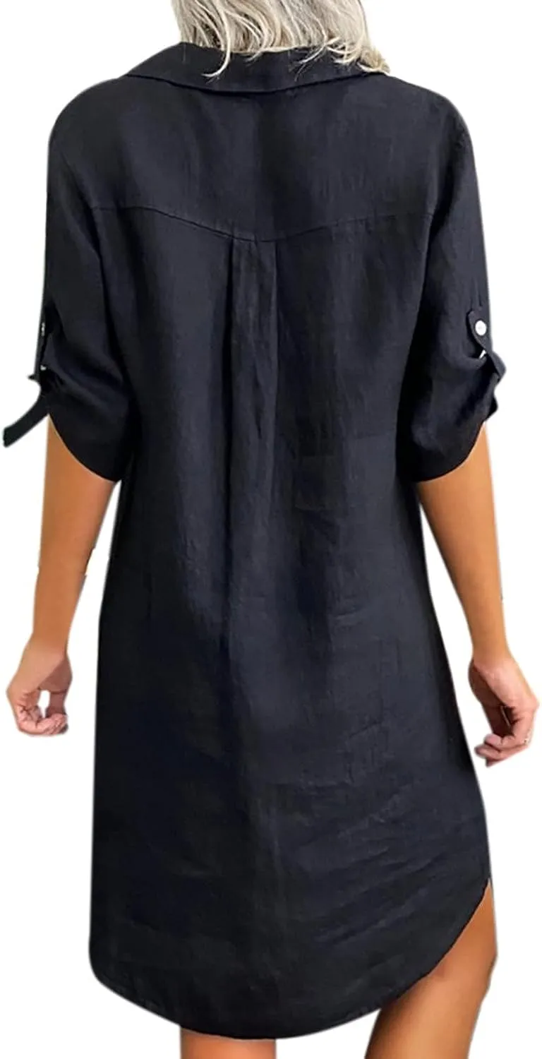 Women's Summer Casual Loose Trendy Short Sleeve Button Down Collar Solid Color Sun Beach Linen Dress, S-5XL