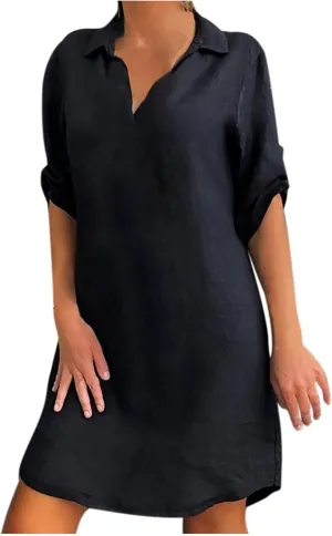 Women's Summer Casual Loose Trendy Short Sleeve Button Down Collar Solid Color Sun Beach Linen Dress, S-5XL