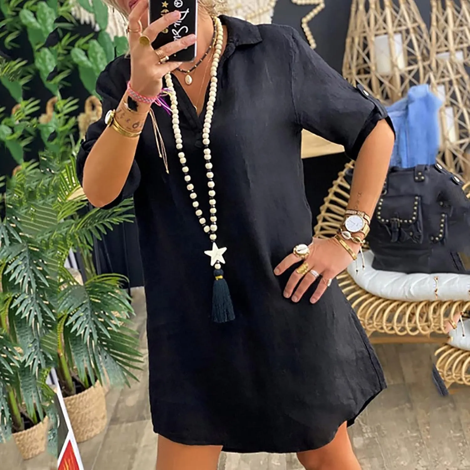 Women's Summer Casual Loose Trendy Short Sleeve Button Down Collar Solid Color Sun Beach Linen Dress, S-5XL