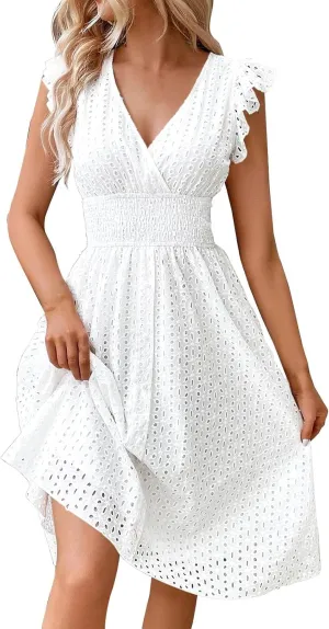 Women's Summer Lace Jacquard V Neck Wrap Sundress Ruffle Sleeve Boho Floral Elastic Waist Cute Mini Short Dresses 2024 White