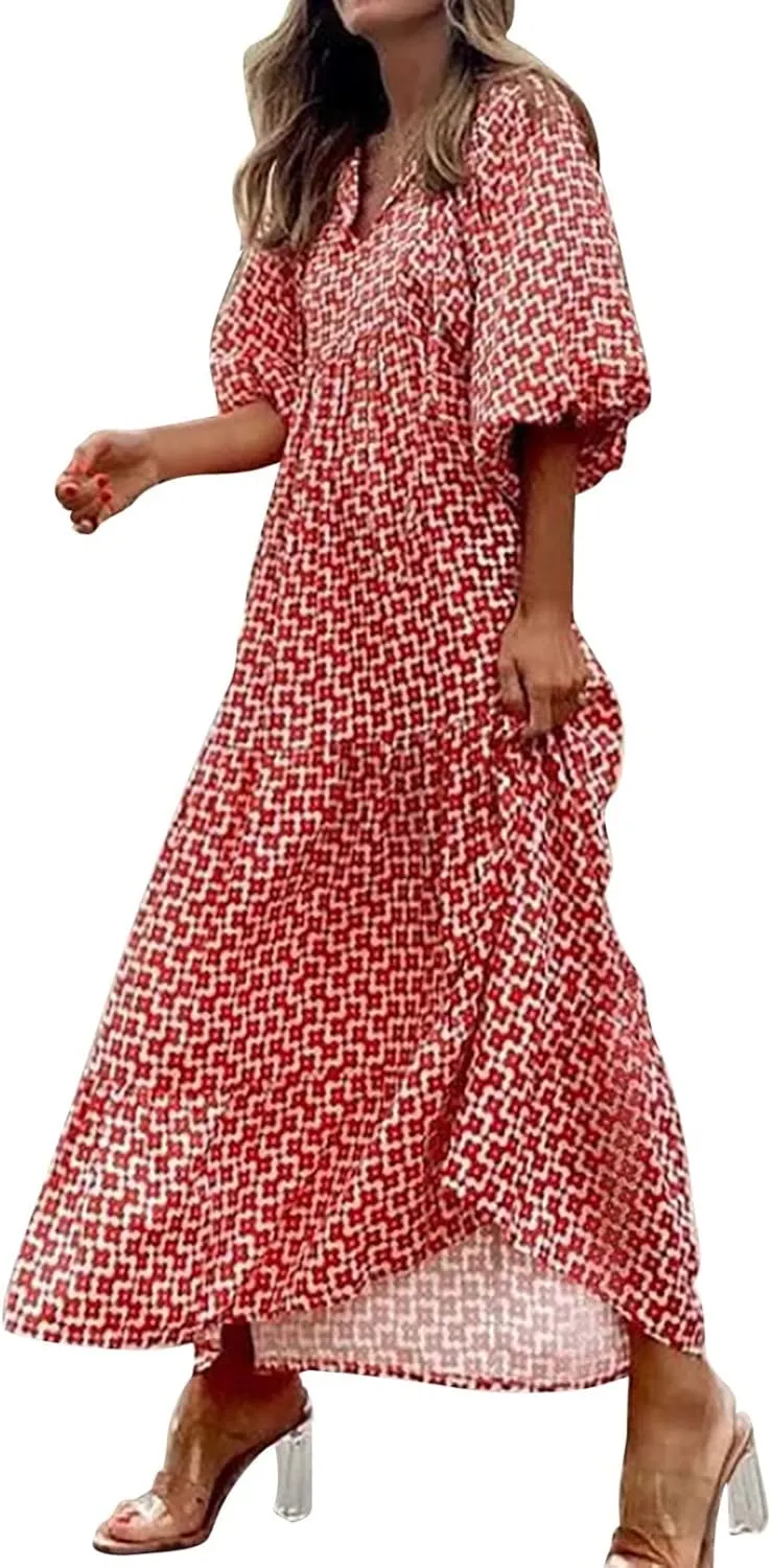 Womens Summer Mini Dress 2025 Casual Puff Sleeve Dresses A Line Bow Tie Front Loose Cute Babydoll