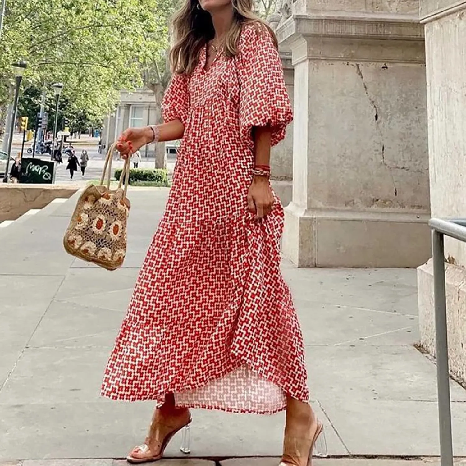 Womens Summer Mini Dress 2025 Casual Puff Sleeve Dresses A Line Bow Tie Front Loose Cute Babydoll