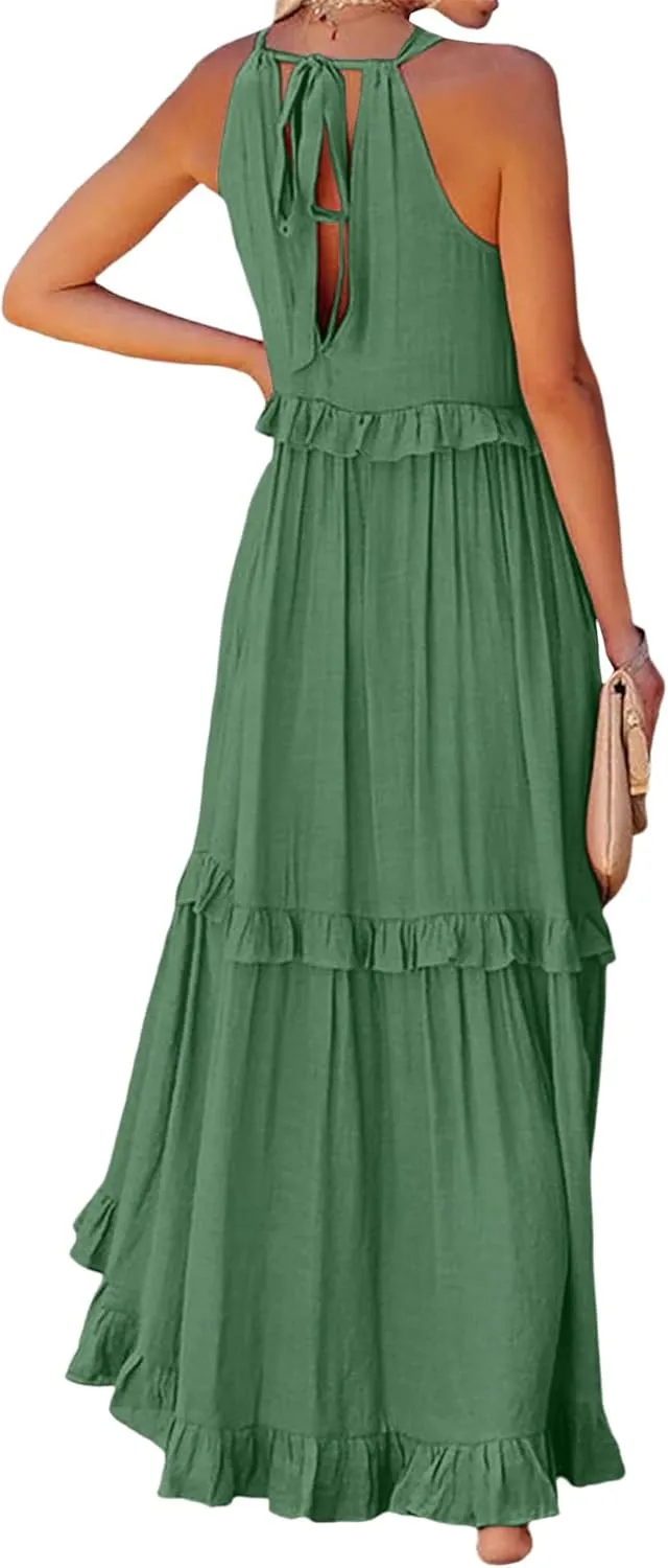 Womens Summer Sleeveless Dress Halter Tie Back Loose Flowy Ruffle Tiered Maxi Dress Beach Swing Long Dresses Sundress