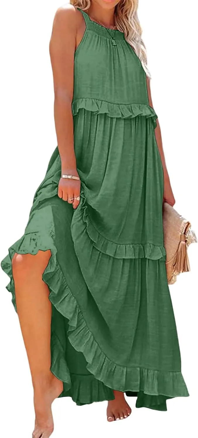 Womens Summer Sleeveless Dress Halter Tie Back Loose Flowy Ruffle Tiered Maxi Dress Beach Swing Long Dresses Sundress