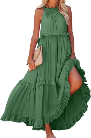 Womens Summer Sleeveless Dress Halter Tie Back Loose Flowy Ruffle Tiered Maxi Dress Beach Swing Long Dresses Sundress