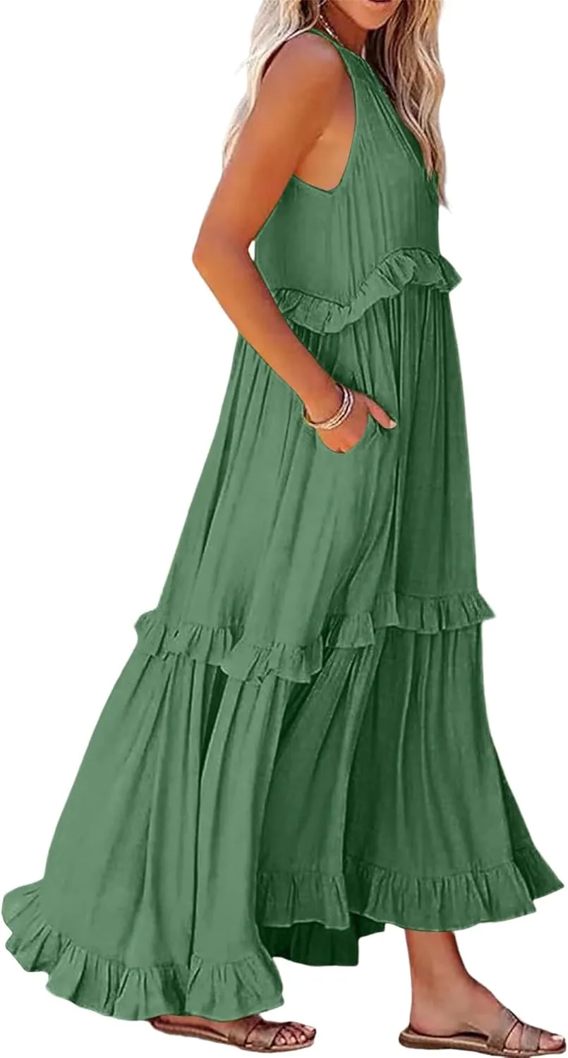 Womens Summer Sleeveless Dress Halter Tie Back Loose Flowy Ruffle Tiered Maxi Dress Beach Swing Long Dresses Sundress