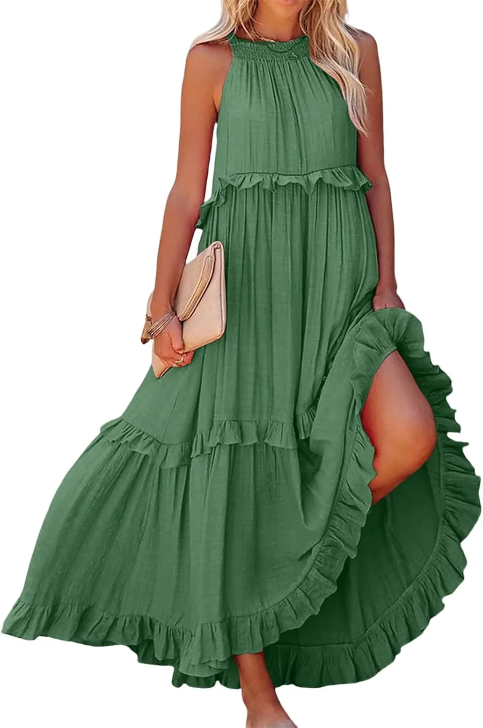 Womens Summer Sleeveless Dress Halter Tie Back Loose Flowy Ruffle Tiered Maxi Dress Beach Swing Long Dresses Sundress
