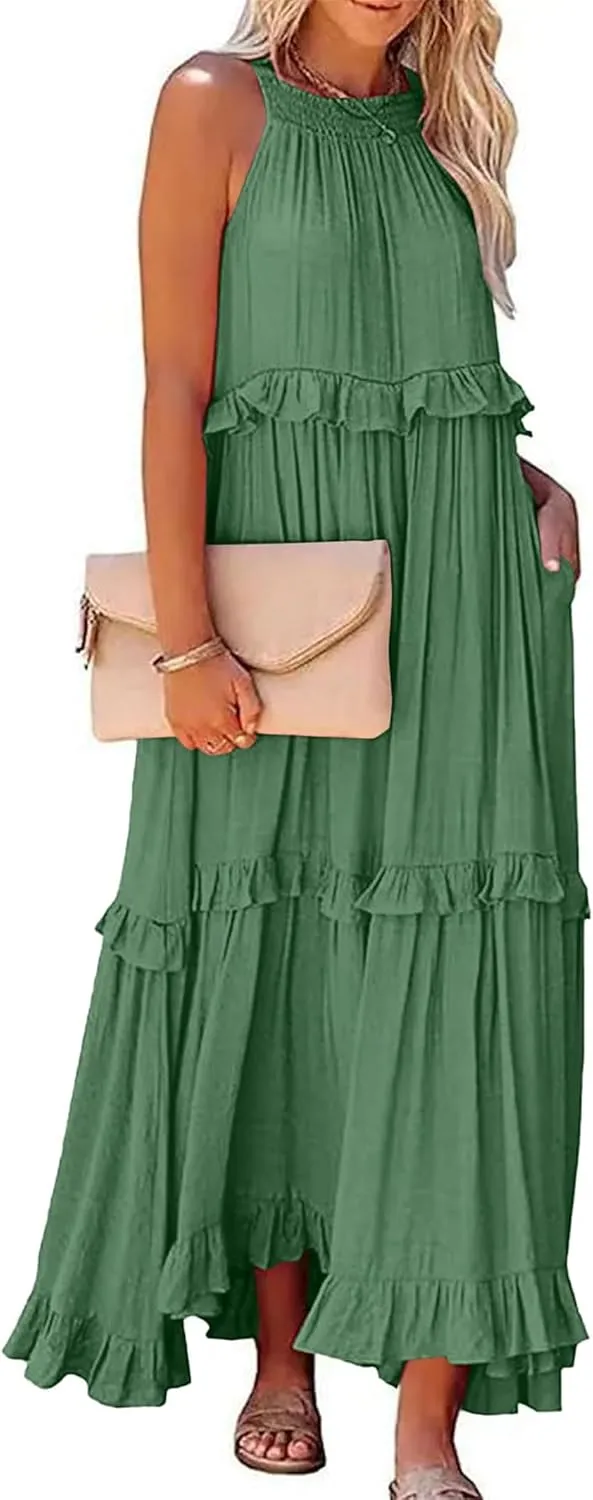 Womens Summer Sleeveless Dress Halter Tie Back Loose Flowy Ruffle Tiered Maxi Dress Beach Swing Long Dresses Sundress