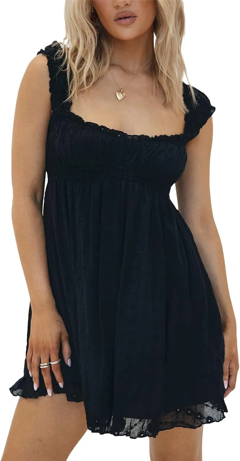 Women's Summer Y2k Mini Dress Floral Embroidery Ruffle Casual A Line Sundress Beach Club Streetwear