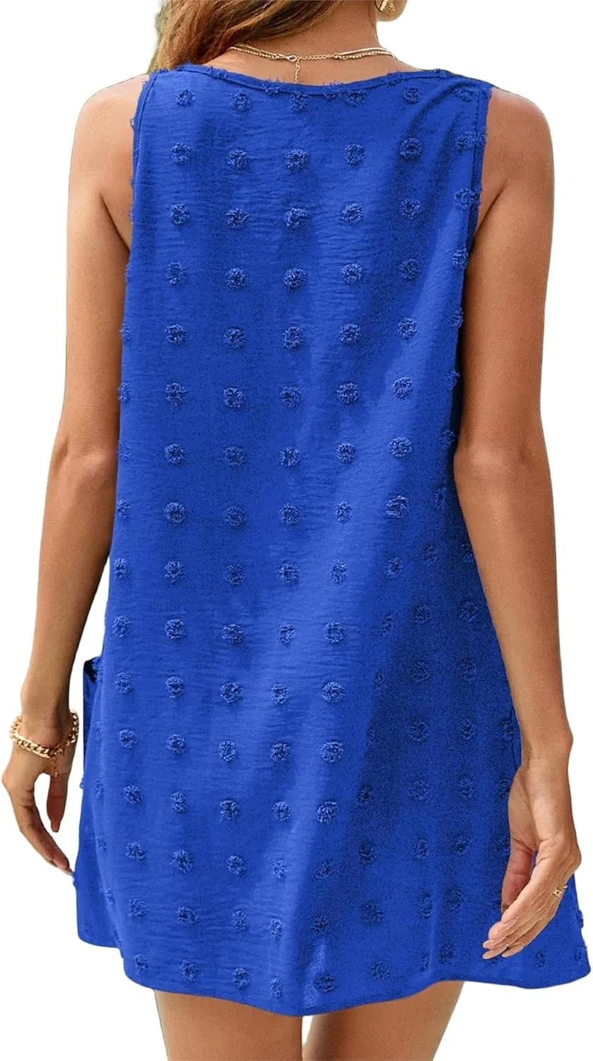 Women's Swiss Dot Short Dress Swimsuit Beach Cover Up Bikini Beachwear Bathing Suit Summer Beach Sun Dress with Pockets