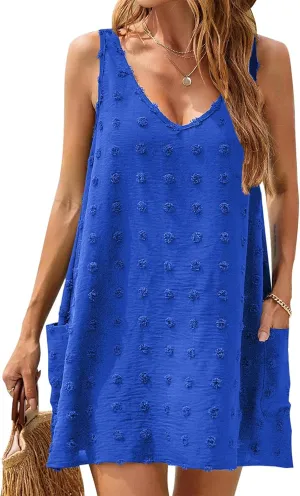 Women's Swiss Dot Short Dress Swimsuit Beach Cover Up Bikini Beachwear Bathing Suit Summer Beach Sun Dress with Pockets