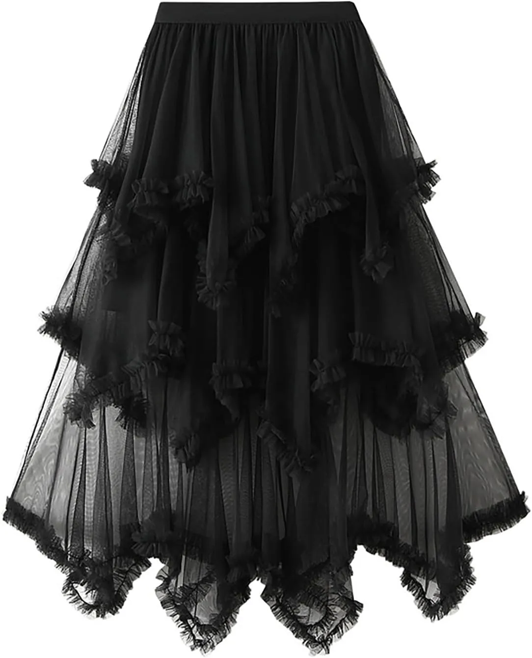 Womens Tulle Midi Skirt High Elastic Waist A-Line Mesh Elegant Long Irregular Layered Pleated Fairy Skirts for Party