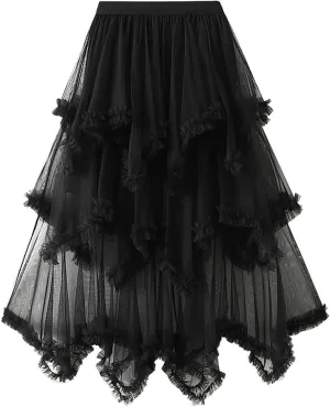 Womens Tulle Midi Skirt High Elastic Waist A-Line Mesh Elegant Long Irregular Layered Pleated Fairy Skirts for Party