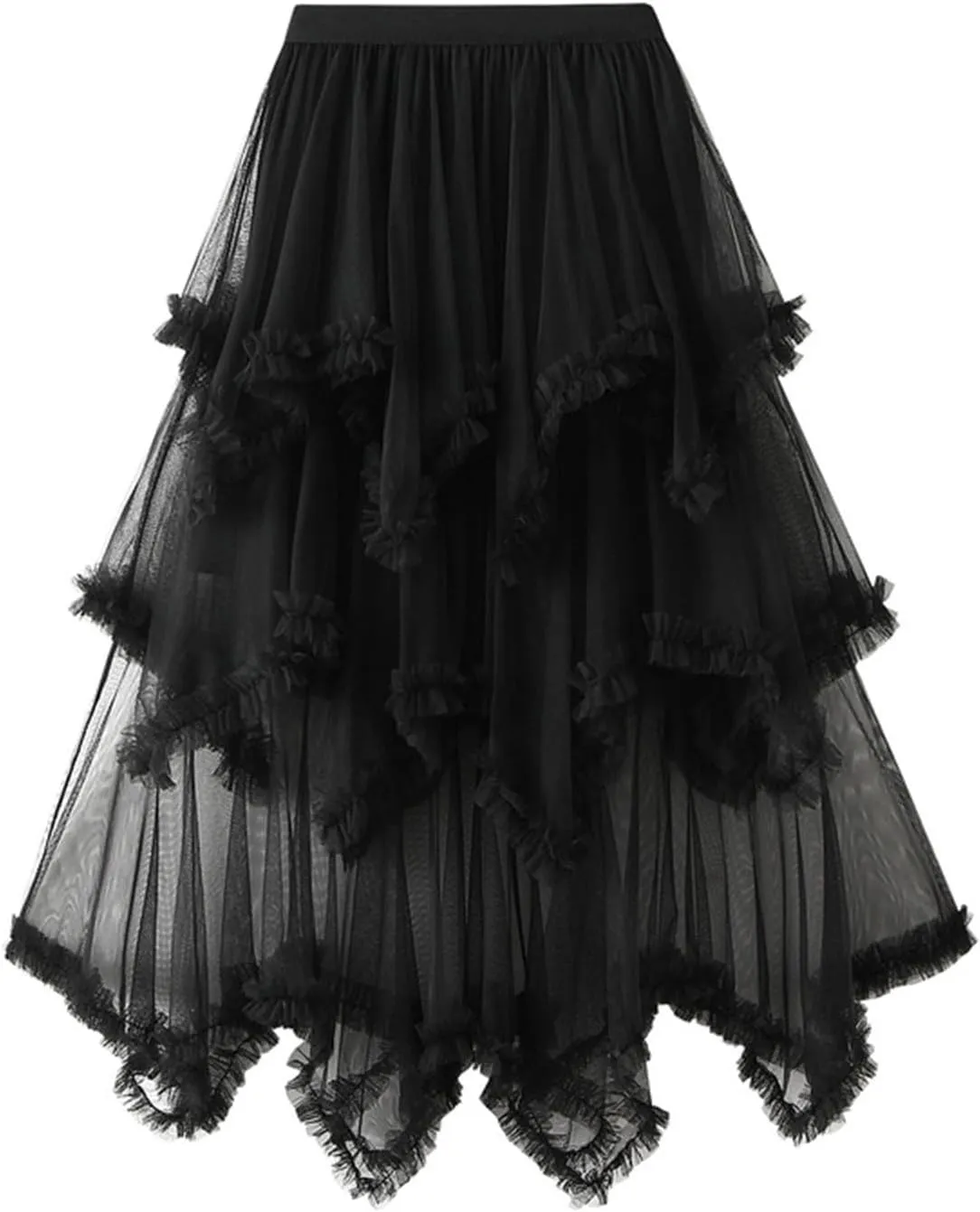 Womens Tulle Midi Skirt High Elastic Waist A-Line Mesh Elegant Long Irregular Layered Pleated Fairy Skirts for Party