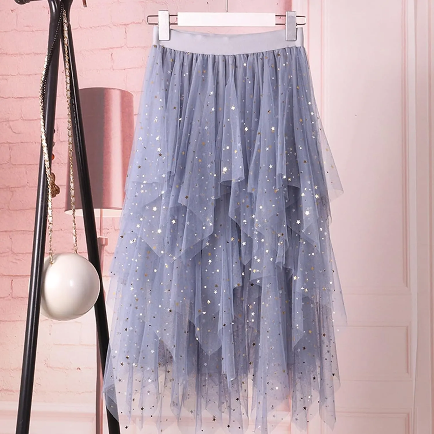Womens Tulle Skirts Midi Elastic High Waist Pleated Mesh Flowy A-Line Party Long Tutu Skirts Asymmetrical Midi Length