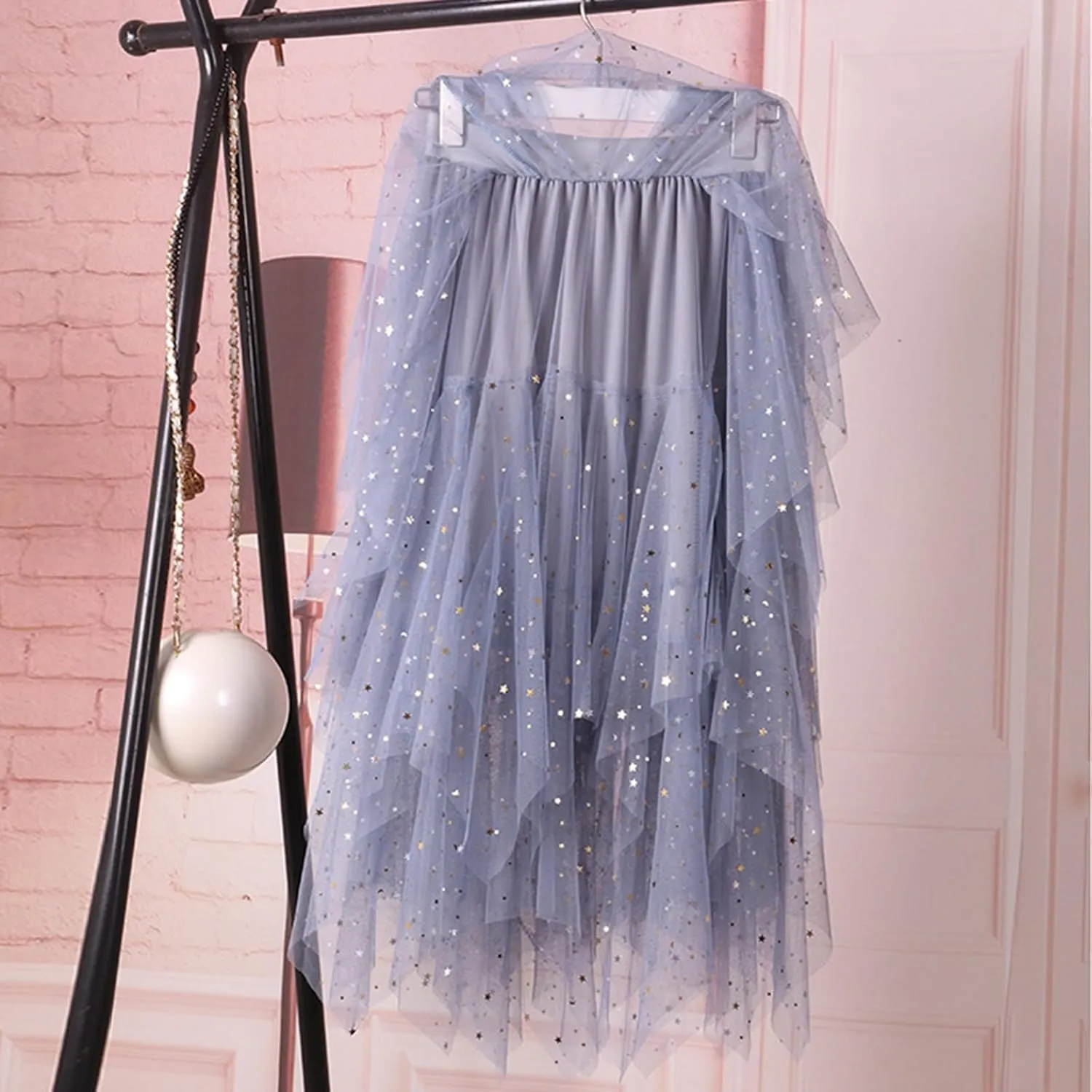 Womens Tulle Skirts Midi Elastic High Waist Pleated Mesh Flowy A-Line Party Long Tutu Skirts Asymmetrical Midi Length