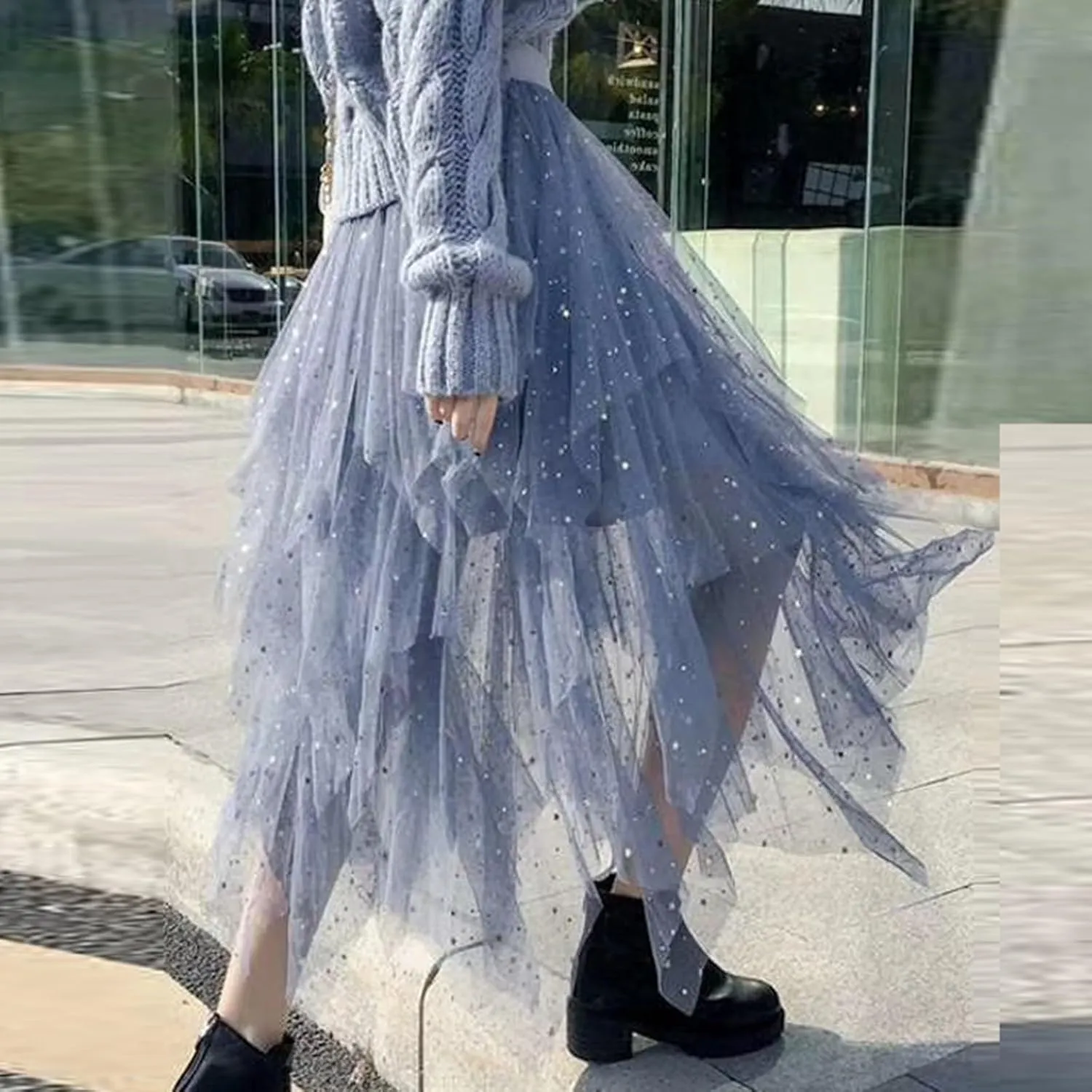 Womens Tulle Skirts Midi Elastic High Waist Pleated Mesh Flowy A-Line Party Long Tutu Skirts Asymmetrical Midi Length
