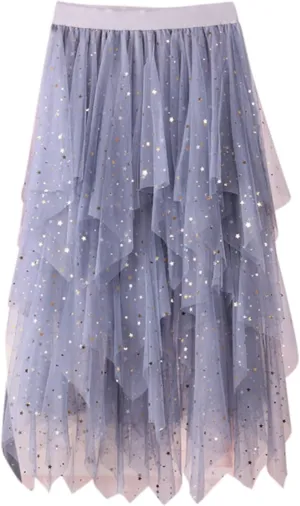 Womens Tulle Skirts Midi Elastic High Waist Pleated Mesh Flowy A-Line Party Long Tutu Skirts Asymmetrical Midi Length