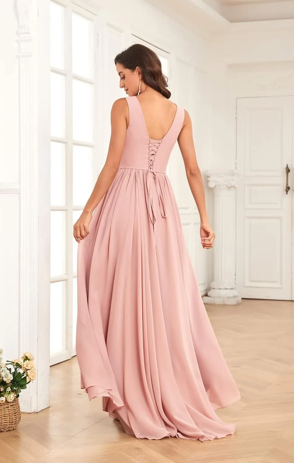 Women's V Neck Bridesmaid Dresses for Wedding High Low Chiffon Formal Evening Gown with Pockets