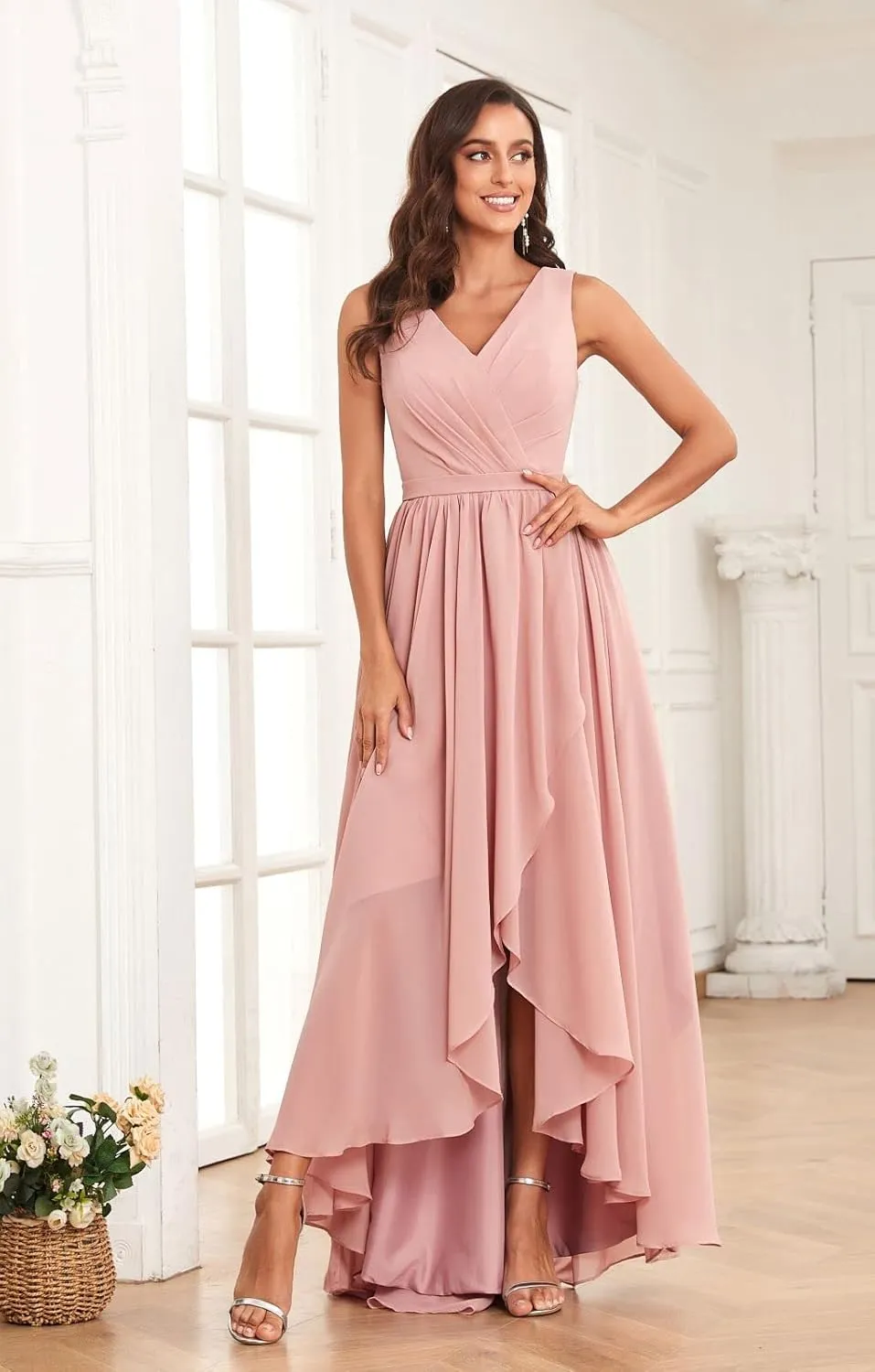 Women's V Neck Bridesmaid Dresses for Wedding High Low Chiffon Formal Evening Gown with Pockets
