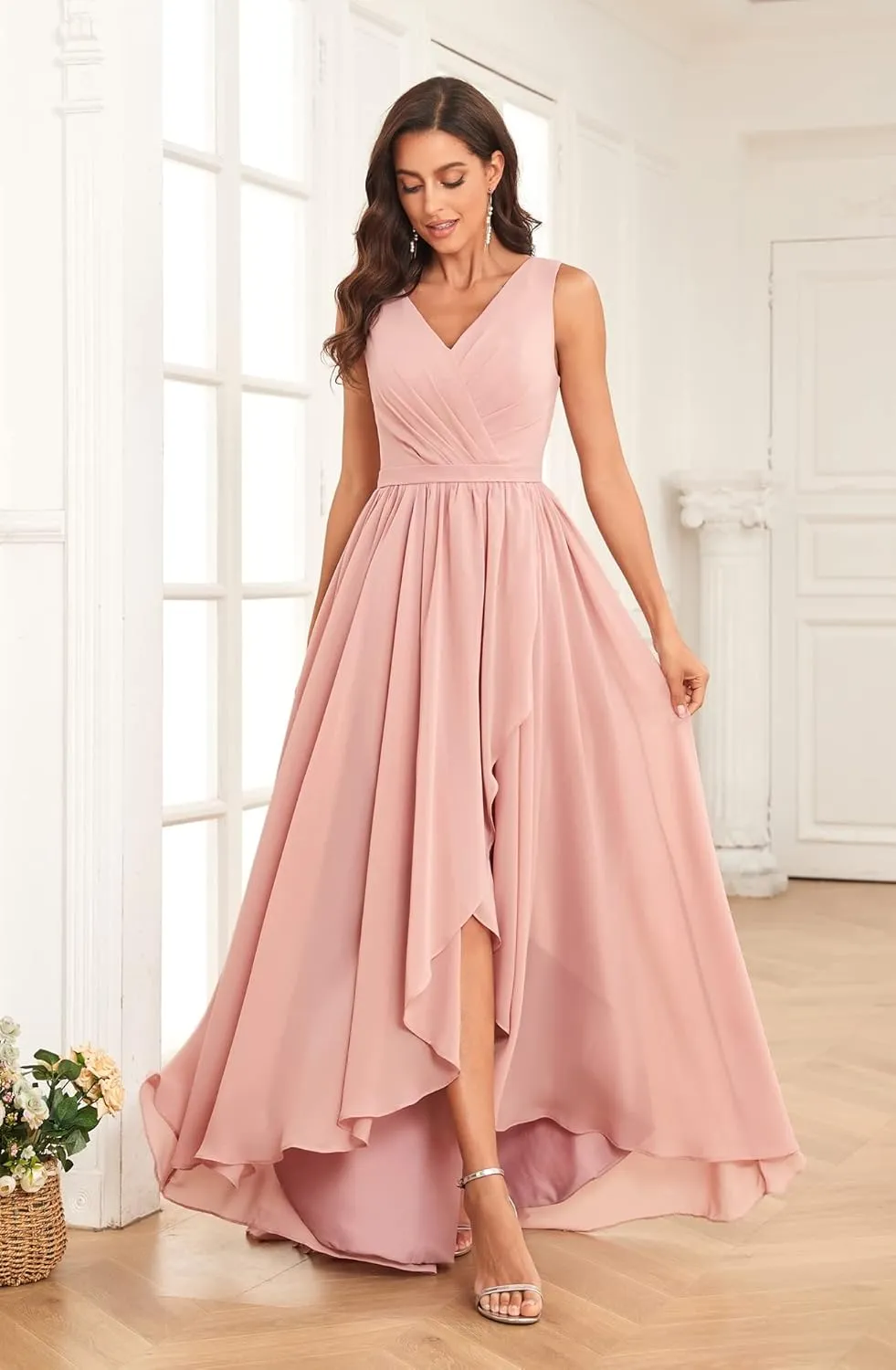 Women's V Neck Bridesmaid Dresses for Wedding High Low Chiffon Formal Evening Gown with Pockets