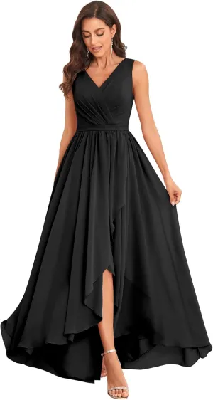 Women's V Neck Bridesmaid Dresses for Wedding High Low Chiffon Formal Evening Gown with Pockets