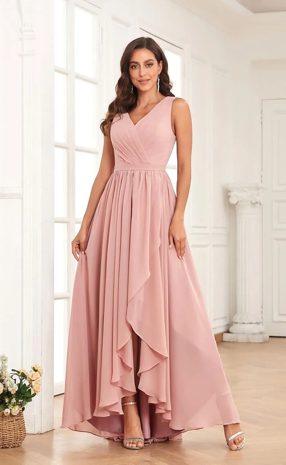 Women's V Neck Bridesmaid Dresses for Wedding High Low Chiffon Formal Evening Gown with Pockets