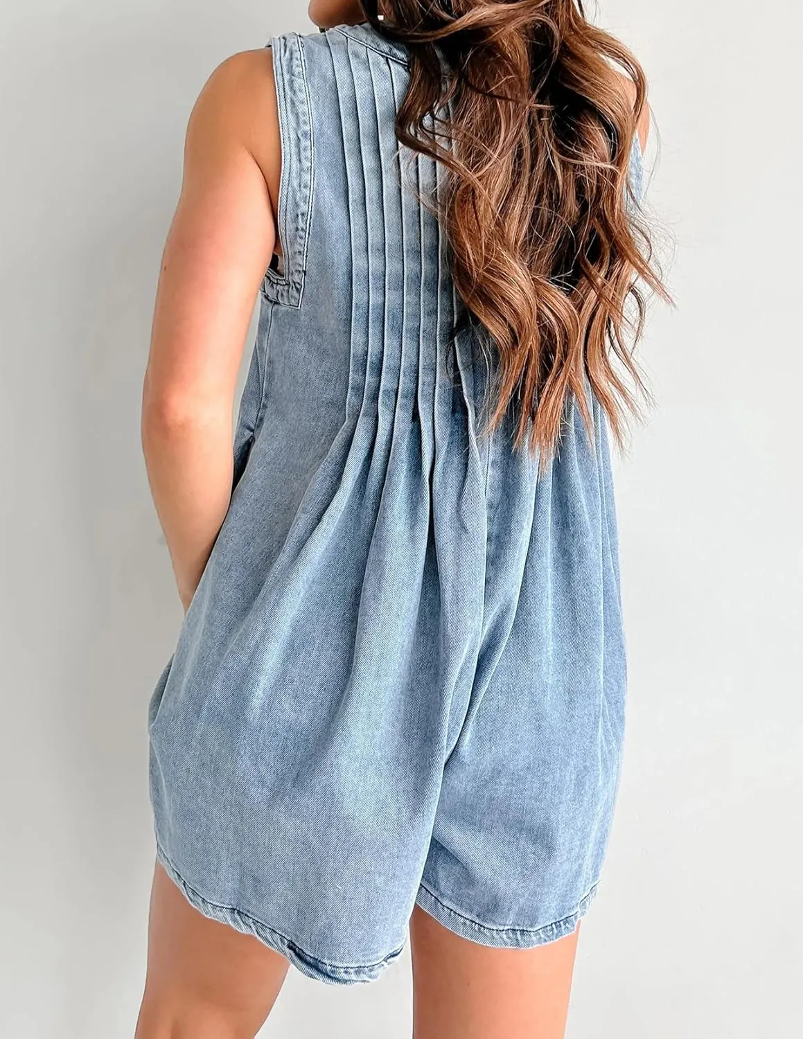 Women's V Neck Sleeveless Oversized Wide Leg Shorts Denim Romper Tie Front Ruffle Jean Overall Jumpsuit