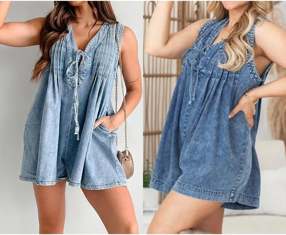 Women's V Neck Sleeveless Oversized Wide Leg Shorts Denim Romper Tie Front Ruffle Jean Overall Jumpsuit