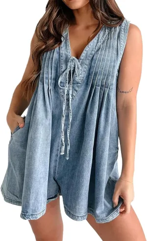 Women's V Neck Sleeveless Oversized Wide Leg Shorts Denim Romper Tie Front Ruffle Jean Overall Jumpsuit
