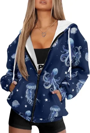 Womens Zip Up Hoodies Long Sleeve Sweatshirts Fall Outfits Oversized Sweaters Casual Fashion Jackets