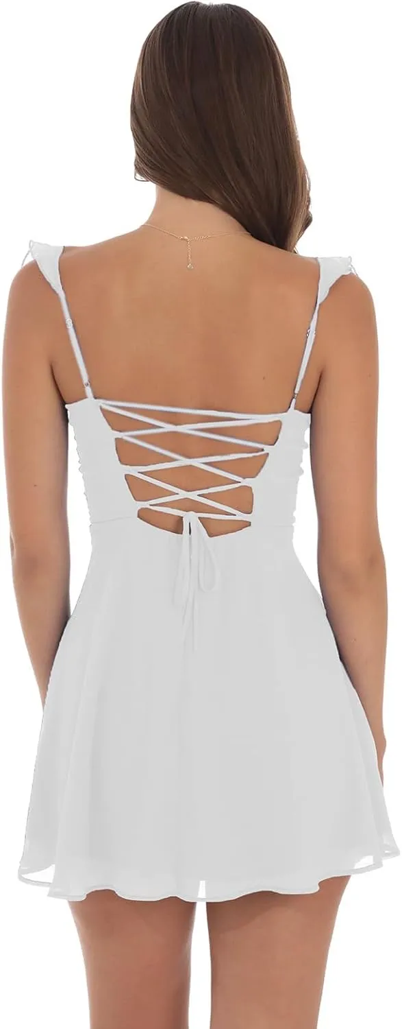 Y2k Floral Embroidery Graduation Mini Dress for Women Teen Girls Ruffle Hem Sleeveless Lace Short Party Dress