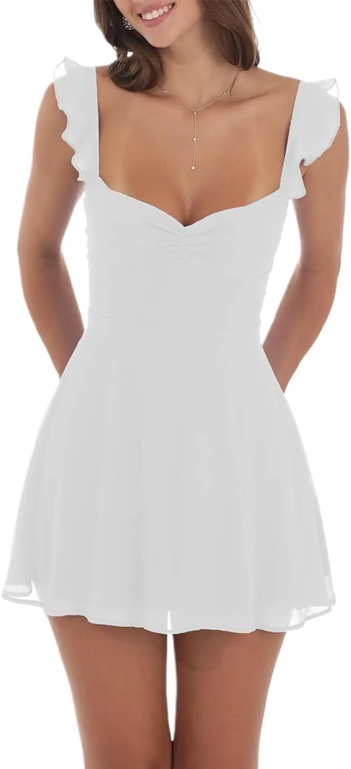 Y2k Floral Embroidery Graduation Mini Dress for Women Teen Girls Ruffle Hem Sleeveless Lace Short Party Dress