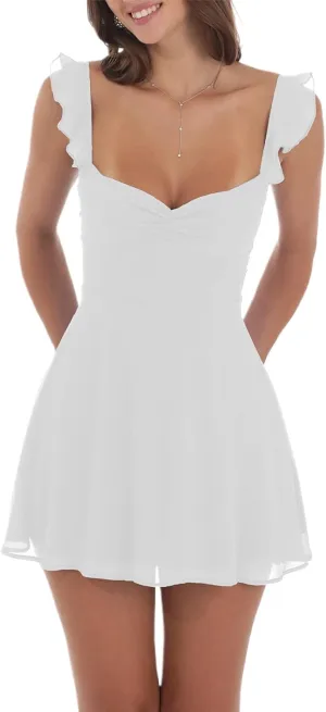 Y2k Floral Embroidery Graduation Mini Dress for Women Teen Girls Ruffle Hem Sleeveless Lace Short Party Dress